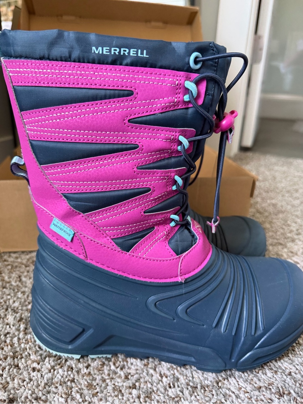 Merrell Kids Waterproof Snow Boots in Pink and Navy Blue
